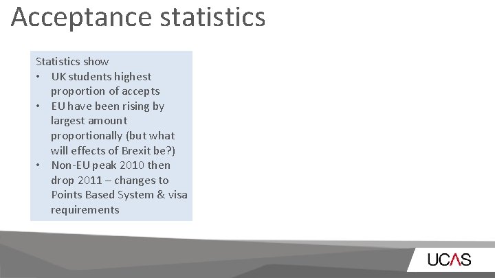 Acceptance statistics Statistics show • UK students highest proportion of accepts • EU have