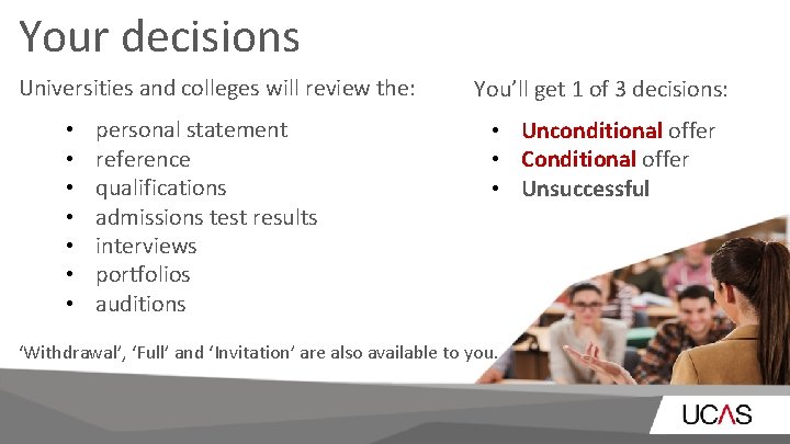 Your decisions Universities and colleges will review the: • • personal statement reference qualifications