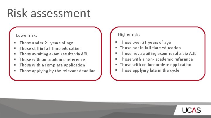 Risk assessment Higher risk: Lower risk: § § § Those under 21 years of