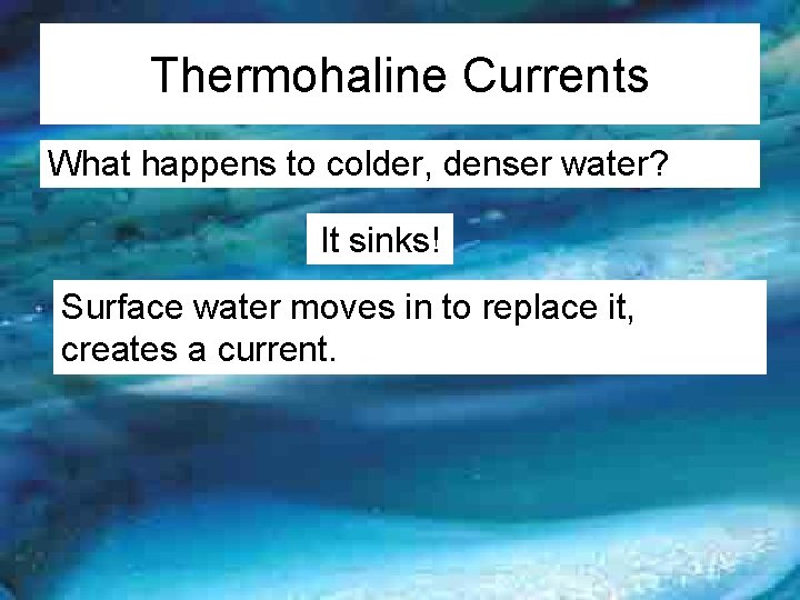 Thermohaline Currents What happens to colder, denser water? It sinks! Surface water moves in