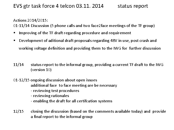 EVS gtr task force 4 telcon 03. 11. 2014 status report Actions 2014/2015: 01