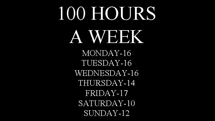 100 HOURS A WEEK MONDAY-16 TUESDAY-16 WEDNESDAY-16 THURSDAY-14 FRIDAY-17 SATURDAY-10 SUNDAY-12 