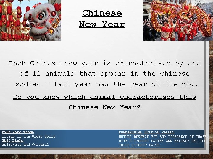 Chinese New Year Each Chinese new year is characterised by one of 12 animals