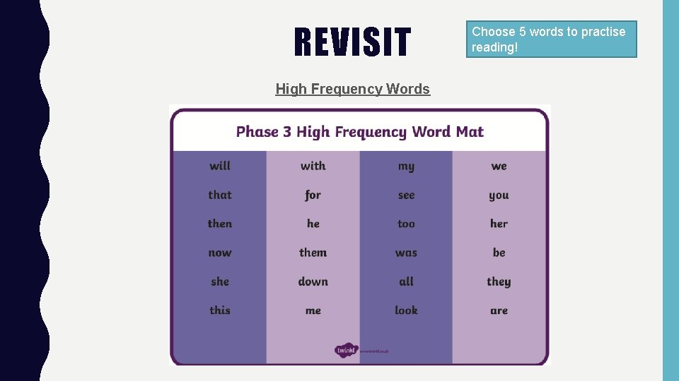 REVISIT High Frequency Words Choose 5 words to practise reading! 