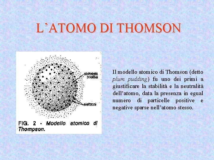 L’ATOMO DI THOMSON Il modello atomico di Thomson (detto plum pudding) fu uno dei