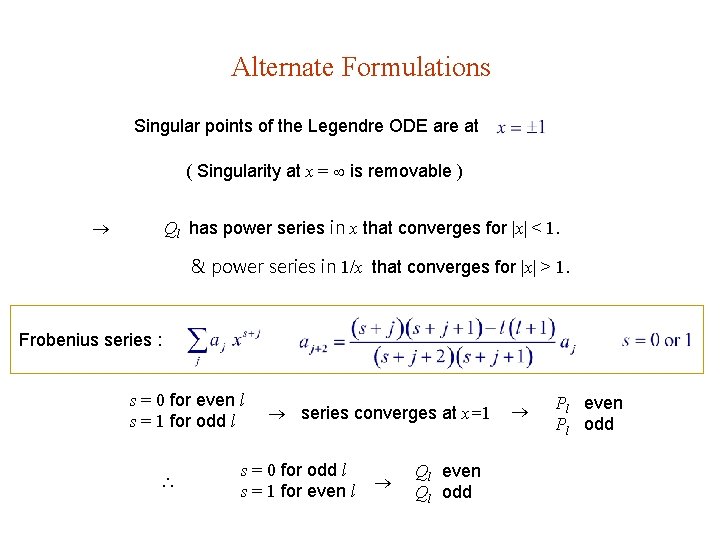 Alternate Formulations Singular points of the Legendre ODE are at ( Singularity at x