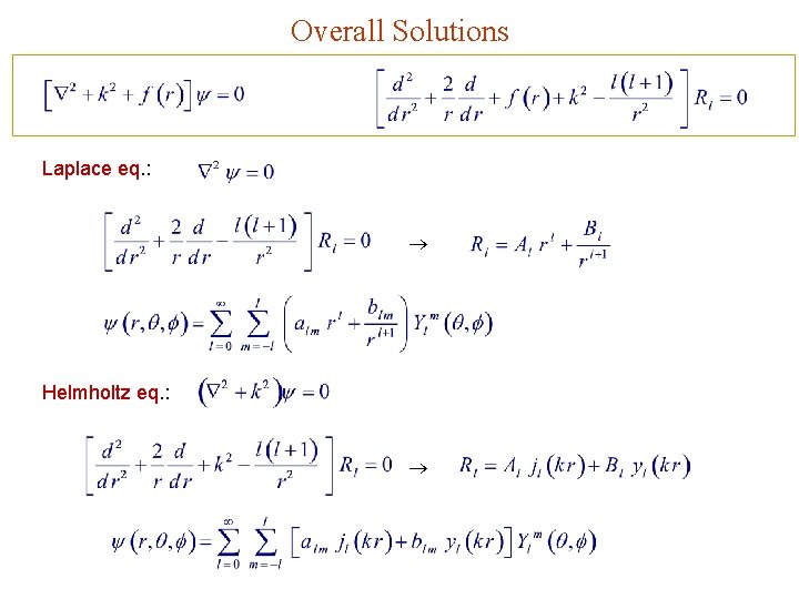 Overall Solutions Laplace eq. : Helmholtz eq. : 