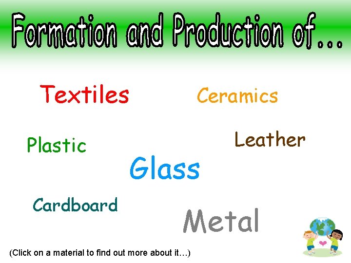 Textiles Plastic Cardboard Ceramics Glass Leather Metal (Click on a material to find out