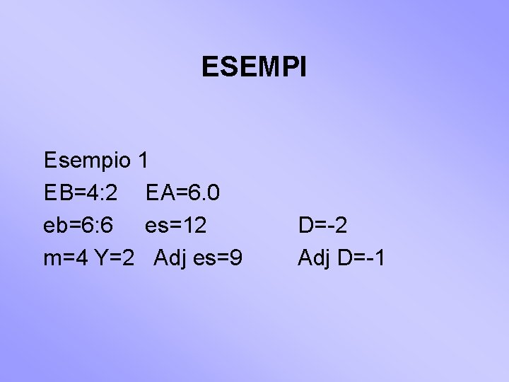 ESEMPI Esempio 1 EB=4: 2 EA=6. 0 eb=6: 6 es=12 m=4 Y=2 Adj es=9