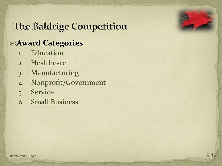 The Baldrige Competition Award Categories Education 2. Healthcare 3. Manufacturing 4. Nonprofit/Government 5. Service