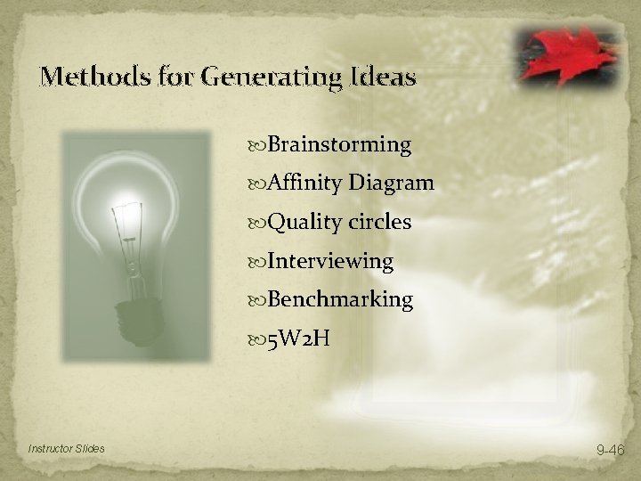 Methods for Generating Ideas Brainstorming Affinity Diagram Quality circles Interviewing Benchmarking 5 W 2