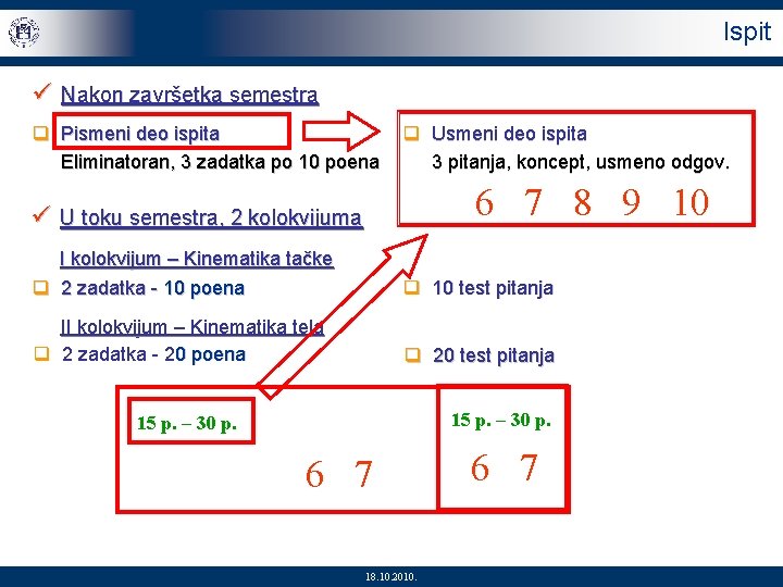 Ispit ü Nakon završetka semestra q Pismeni deo ispita Eliminatoran, 3 zadatka po 10