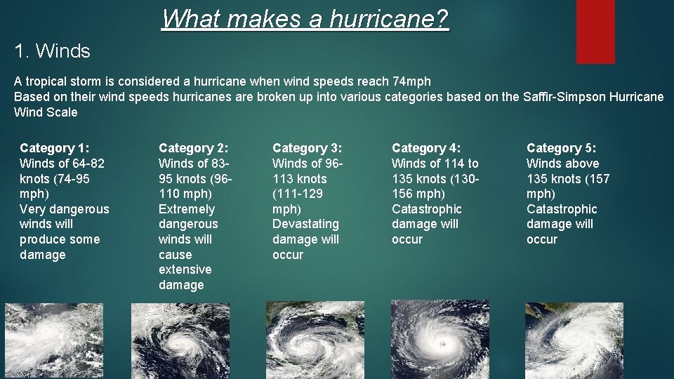 What makes a hurricane? 1. Winds A tropical storm is considered a hurricane when