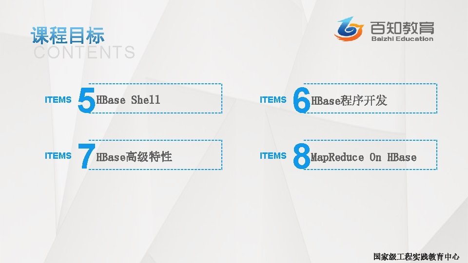 CONTENTS ITEMS 5 ITEMS 6 7 ITEMS 8 HBase Shell HBase高级特性 HBase程序开发 Map. Reduce