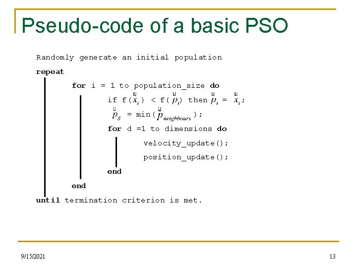 Pseudo-code of a basic PSO Randomly generate an initial population repeat for i =