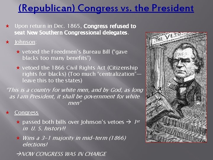 (Republican) Congress vs. the President « Upon return in Dec. 1865, Congress refused to