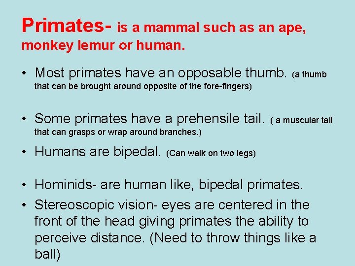 Primates- is a mammal such as an ape, monkey lemur or human. • Most