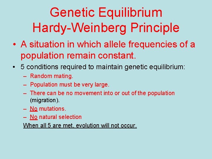 Genetic Equilibrium Hardy-Weinberg Principle • A situation in which allele frequencies of a population