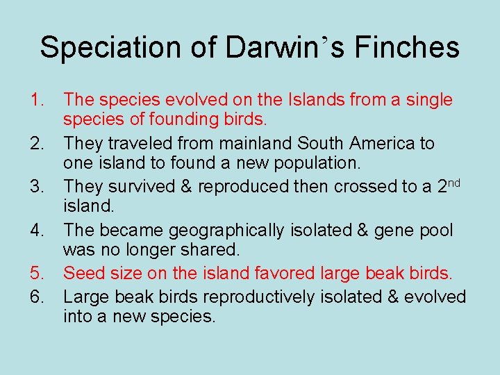 Speciation of Darwin’s Finches 1. The species evolved on the Islands from a single