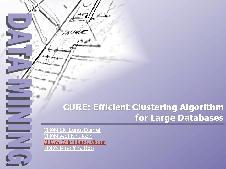 CURE: Efficient Clustering Algorithm for Large Databases CHAN Siu Lung, Daniel CHAN Wai Kin,