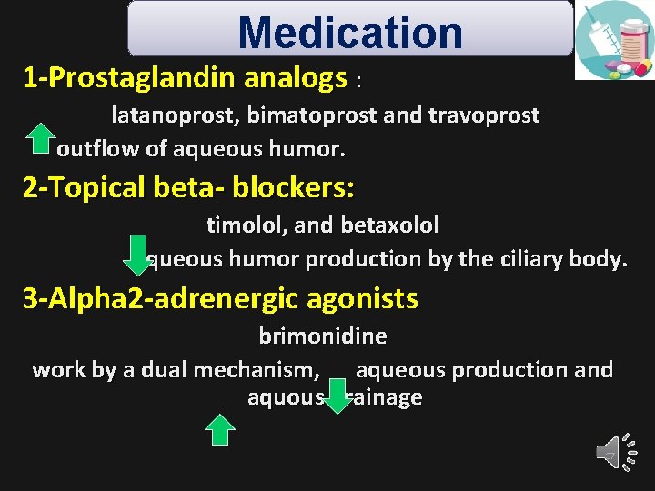 Medication 1 -Prostaglandin analogs : latanoprost, bimatoprost and travoprost outflow of aqueous humor. 2