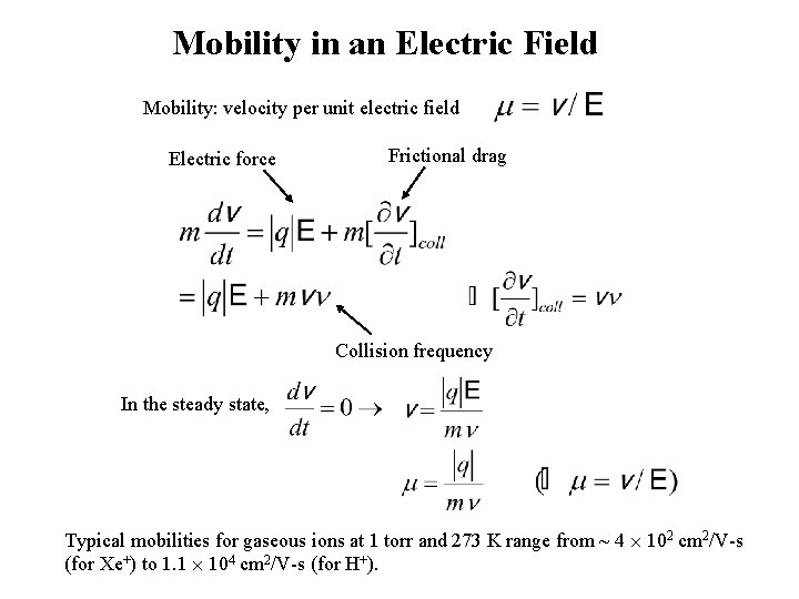 Mobility in an Electric Field Mobility: velocity per unit electric field Electric force Frictional