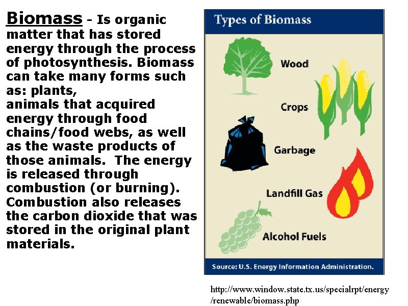 Biomass - Is organic matter that has stored energy through the process of photosynthesis.