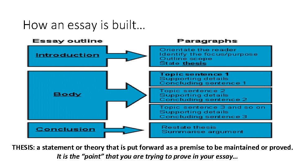 How an essay is built… THESIS: a statement or theory that is put forward