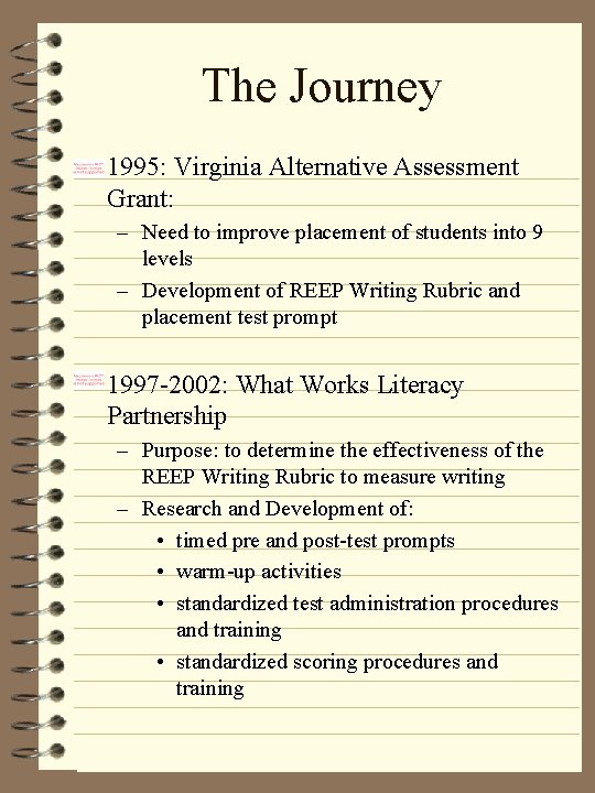 The Journey • 1995: Virginia Alternative Assessment Grant: – Need to improve placement of The Journey • 1995: Virginia Alternative Assessment Grant: – Need to improve placement of