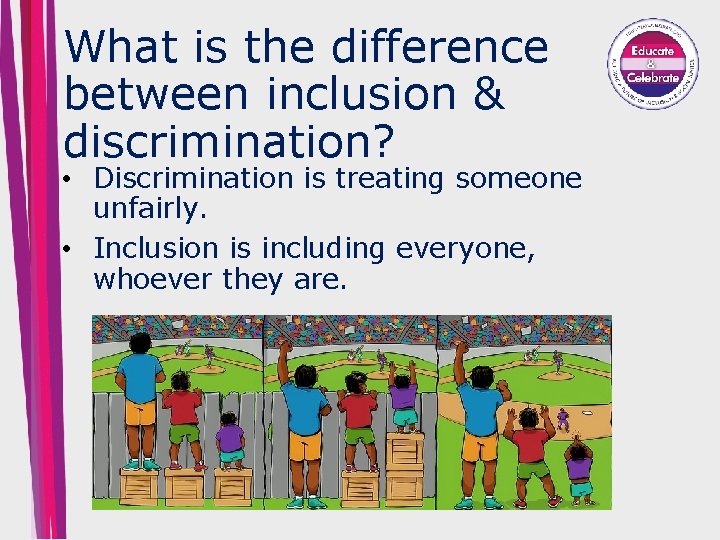 What is the difference between inclusion & discrimination? • Discrimination is treating someone unfairly.