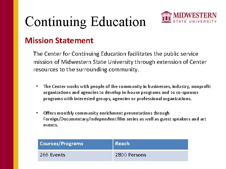 Continuing Education Mission Statement The Center for Continuing Education facilitates the public service mission