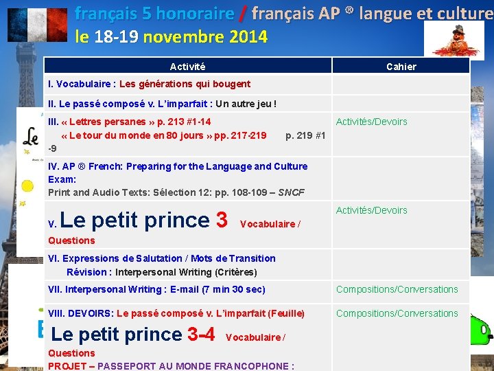 français 5 honoraire / français AP ® langue et culture le 18 -19 novembre