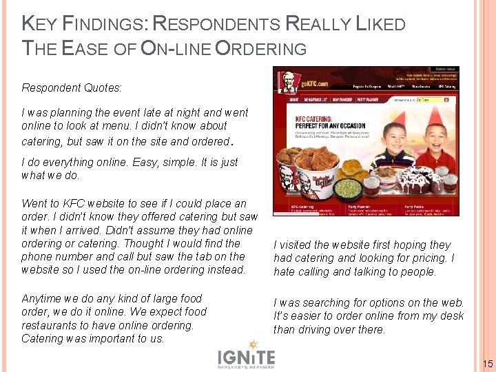 KEY FINDINGS: RESPONDENTS REALLY LIKED THE EASE OF ON-LINE ORDERING Respondent Quotes: I was