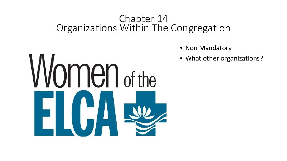 Chapter 14 Organizations Within The Congregation • Non Mandatory • What other organizations? 