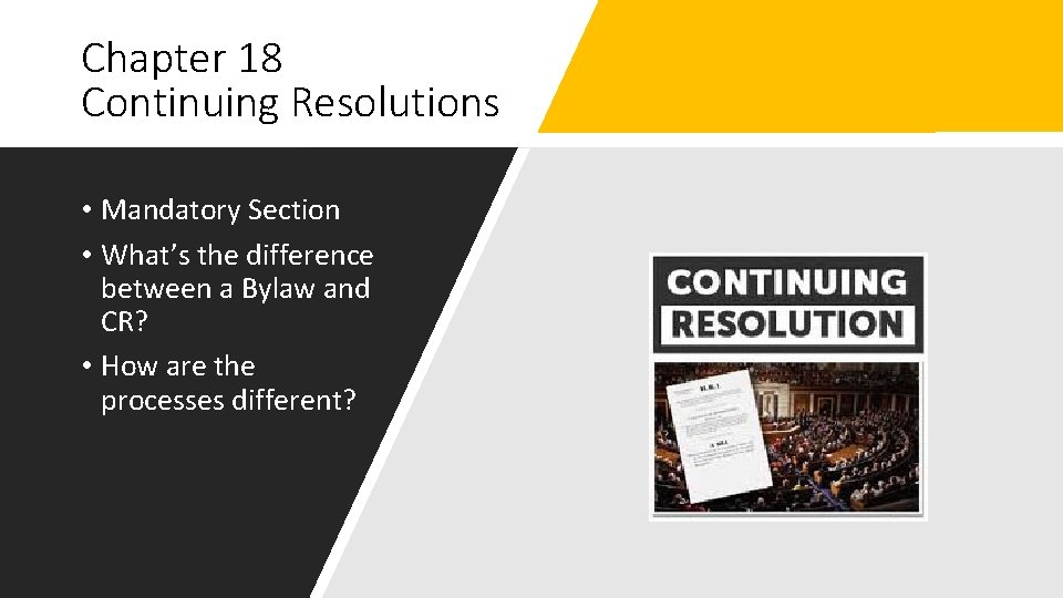 Chapter 18 Continuing Resolutions • Mandatory Section • What’s the difference between a Bylaw