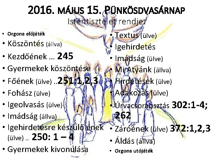 2016. MÁJUS 15. PÜNKÖSDVASÁRNAP Istentisztelet rendje: • Orgona előjáték • Textus (ülve) • Köszöntés