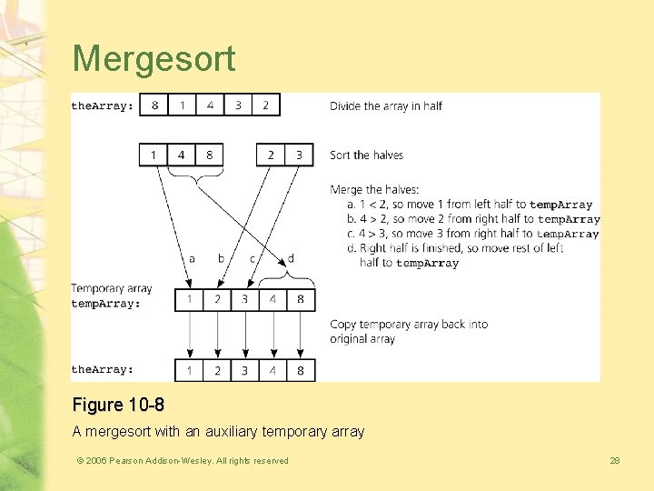 Mergesort Figure 10 -8 A mergesort with an auxiliary temporary array © 2006 Pearson