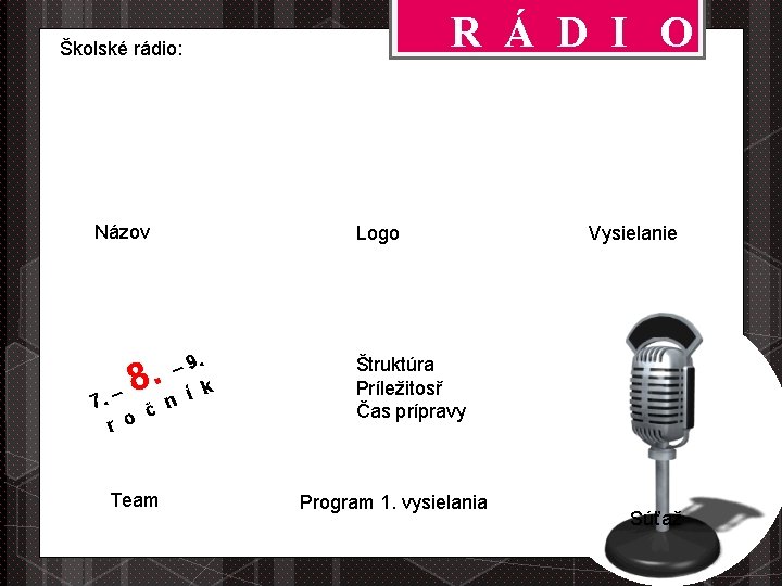 R Á D I O Školské rádio: Názov 7. . 8 – č r