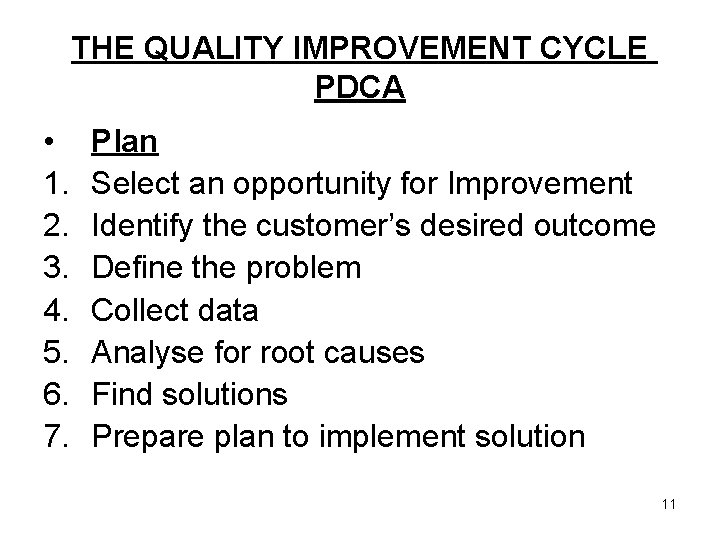 THE QUALITY IMPROVEMENT CYCLE PDCA • 1. 2. 3. 4. 5. 6. 7. Plan