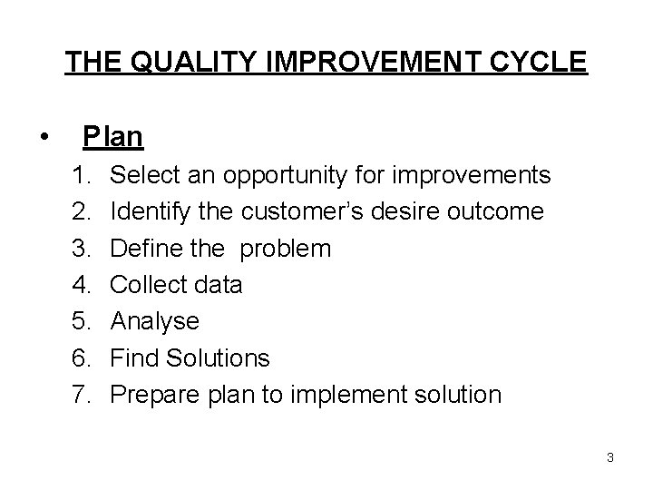 THE QUALITY IMPROVEMENT CYCLE • Plan 1. 2. 3. 4. 5. 6. 7. Select