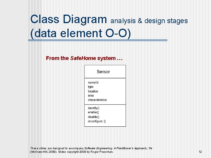 Class Diagram analysis & design stages (data element O-O) From the Safe. Home system