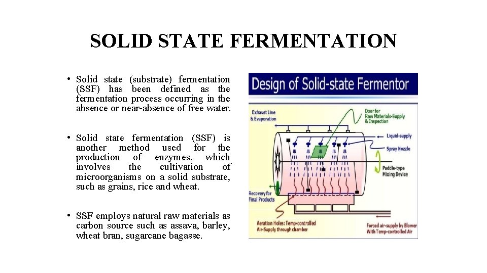 SOLID STATE FERMENTATION • Solid state (substrate) fermentation (SSF) has been defined as the