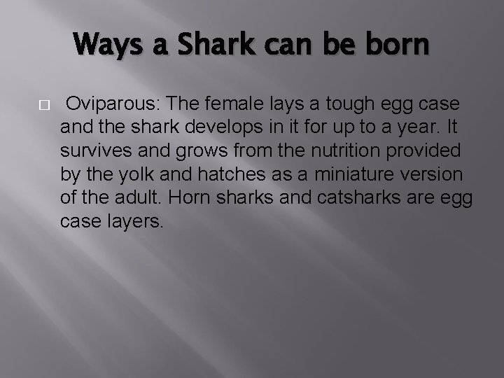 Ways a Shark can be born � Oviparous: The female lays a tough egg