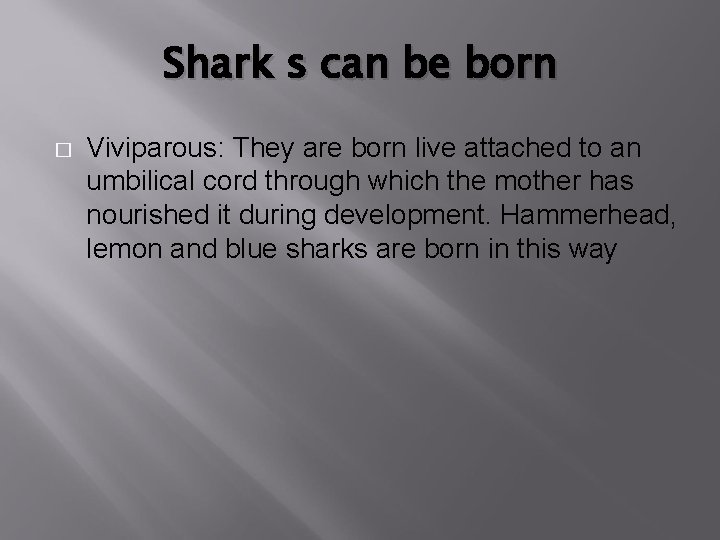 Shark s can be born � Viviparous: They are born live attached to an