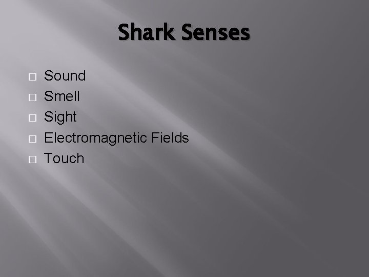 Shark Senses � � � Sound Smell Sight Electromagnetic Fields Touch 