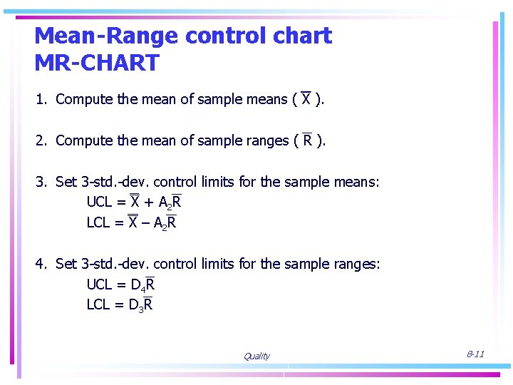 Mean-Range control chart MR-CHART 1. Compute the mean of sample means ( X ).