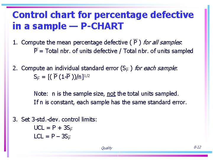 Control chart for percentage defective in a sample — P-CHART 1. Compute the mean