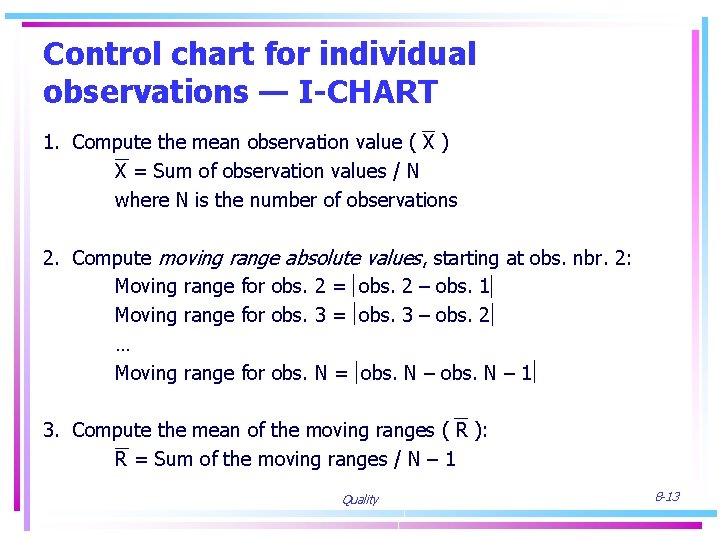 Control chart for individual observations — I-CHART 1. Compute the mean observation value (