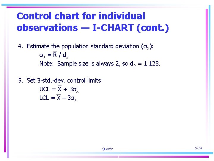 Control chart for individual observations — I-CHART (cont. ) 4. Estimate the population standard