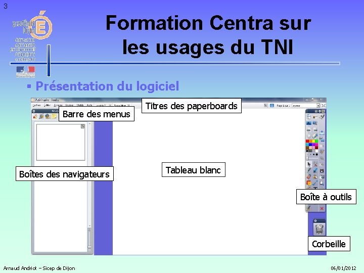 3 Formation Centra sur les usages du TNI § Présentation du logiciel Barre des